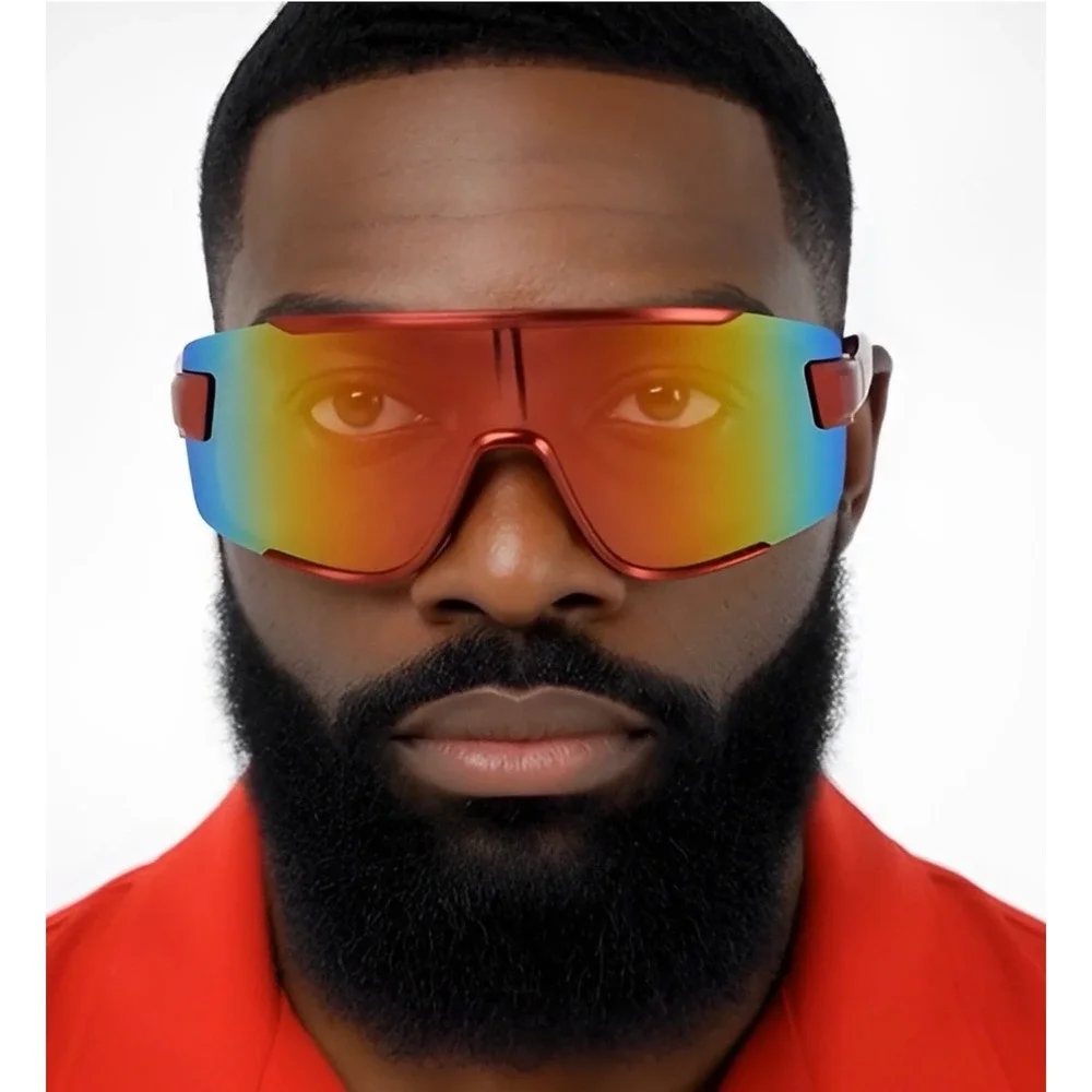 Red Oversized Shield Sunglasses‎ Futuristic Mirrored Lens Sporty Visor Eyewear